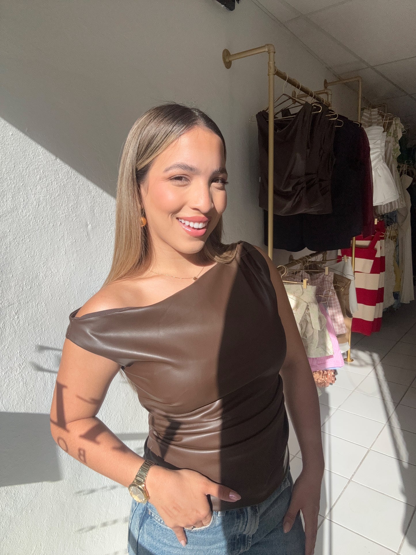 Off the Shoulder Leather Top