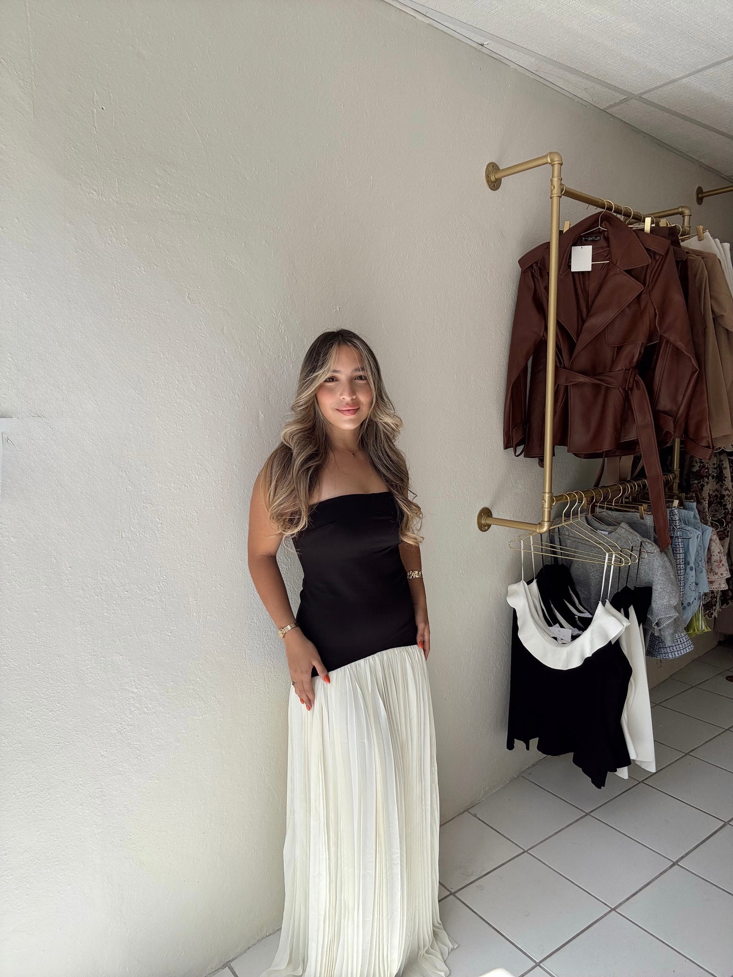 Strapless Dropped Waist Pleated Dress