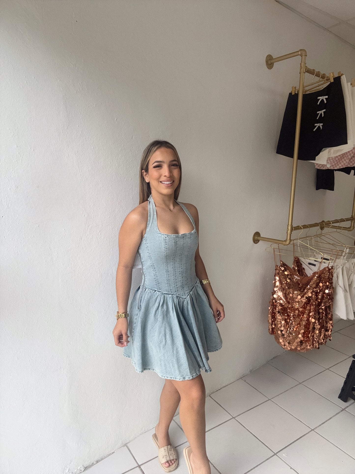 Denim Halter Mini Dress