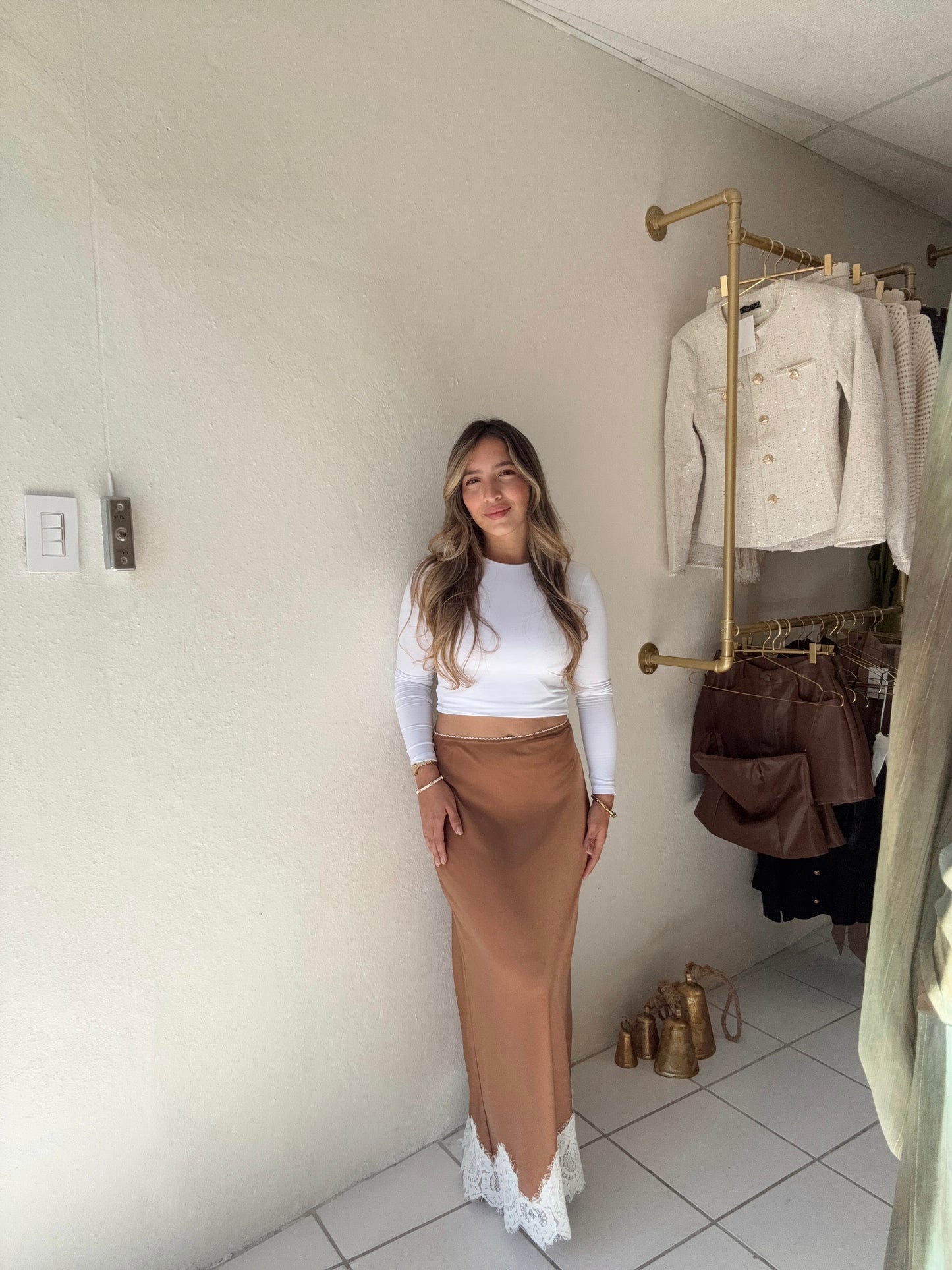 Lace Hem Satin Midi Skirt