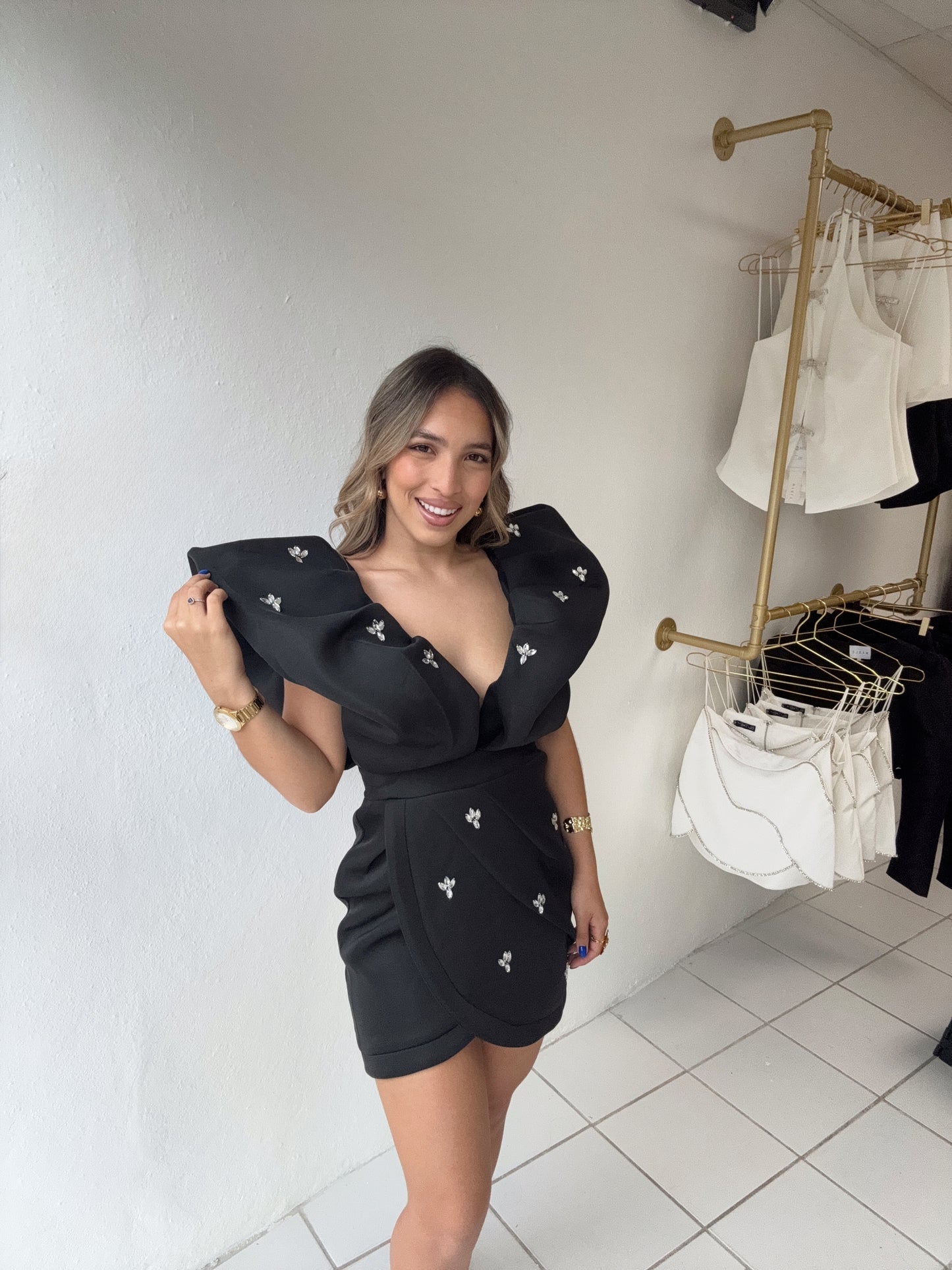 Bubble Sleeve Wrap Mini Dress