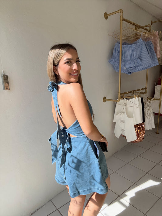 Halter Neck Denim Romper