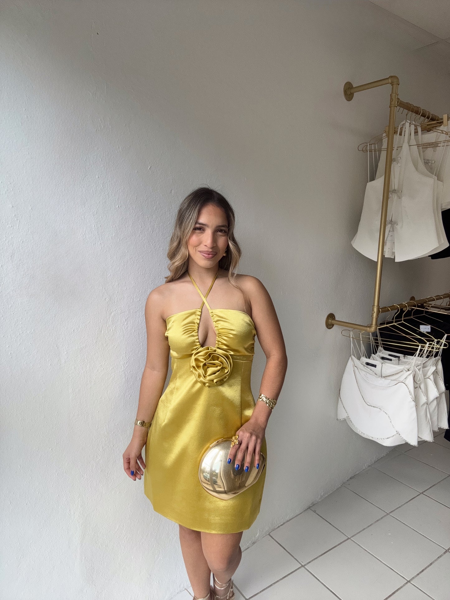 Marcia Gold Strappy Halter Dress