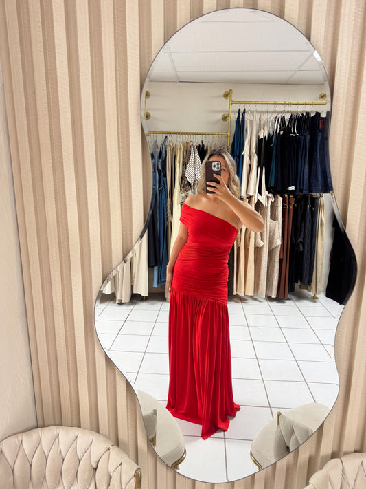 One Shoulder Red Maxi