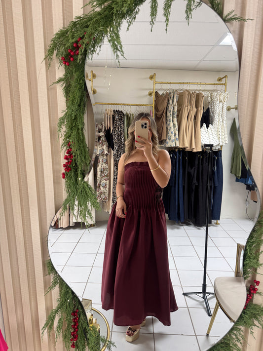 Wine Pleated Maxi Dress