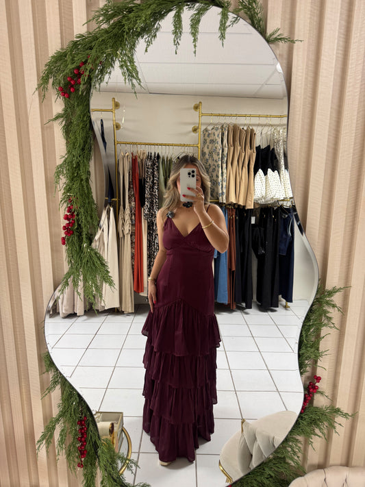 Wine Ruffled Maxi Dress