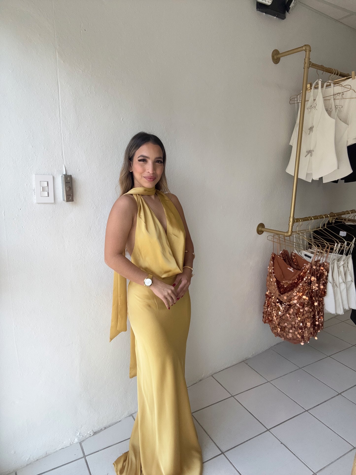 Golden Satin Maxi Dress