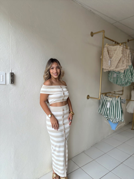 Knit Stripe Off Shoulder Set
