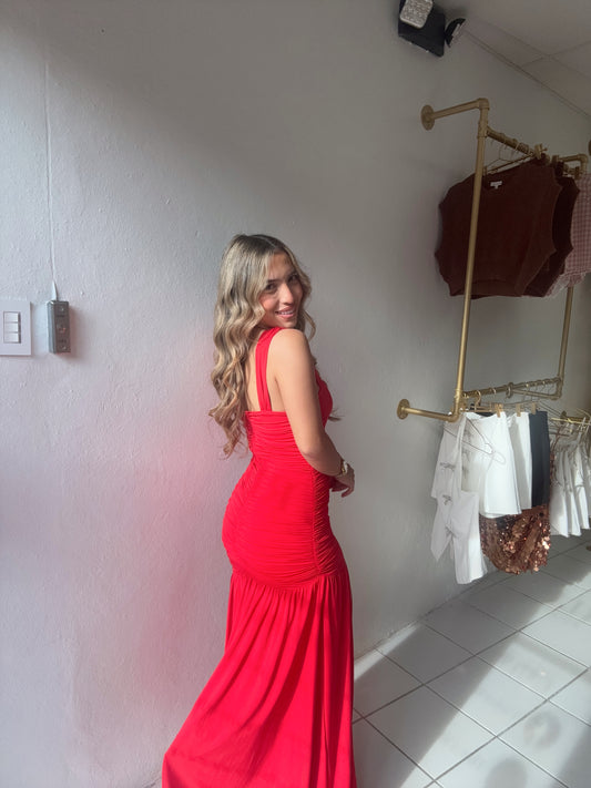 Red Ruched Maxi Dress