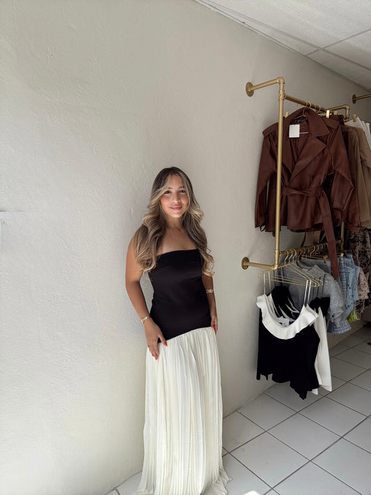 Strapless Dropped Waist Pleated Dress