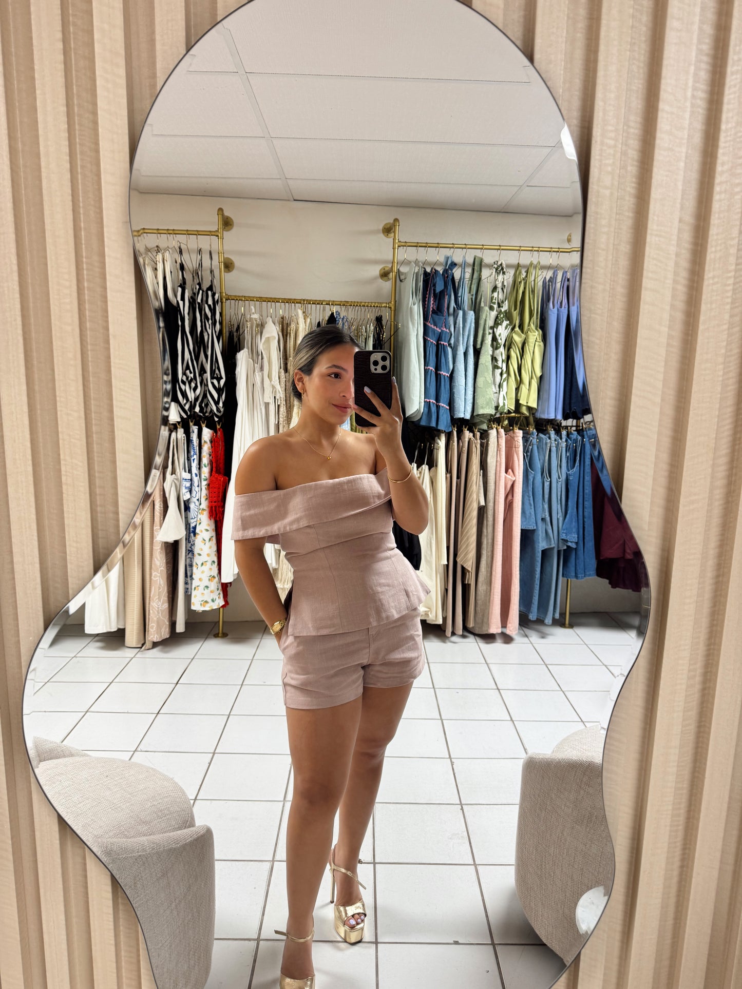 Off Shoulder Mauve Linen Set