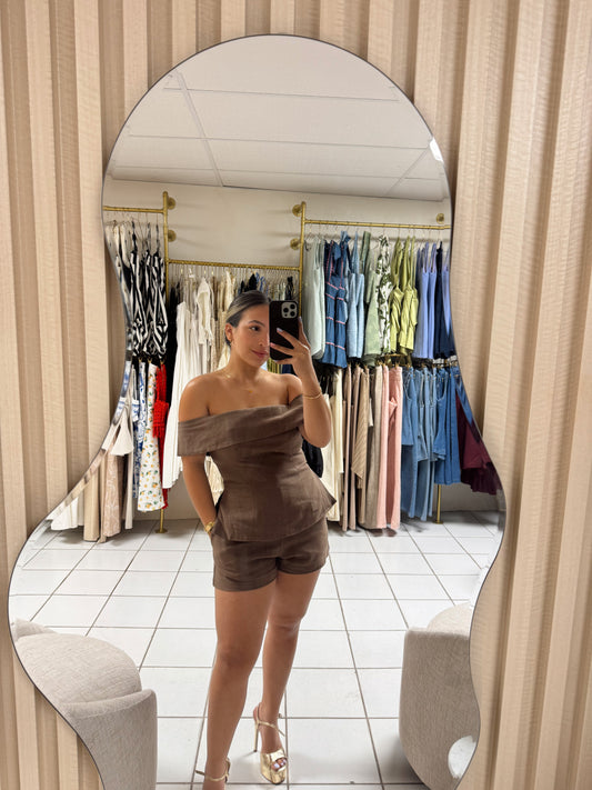 Off Shoulder Linen Brown Set