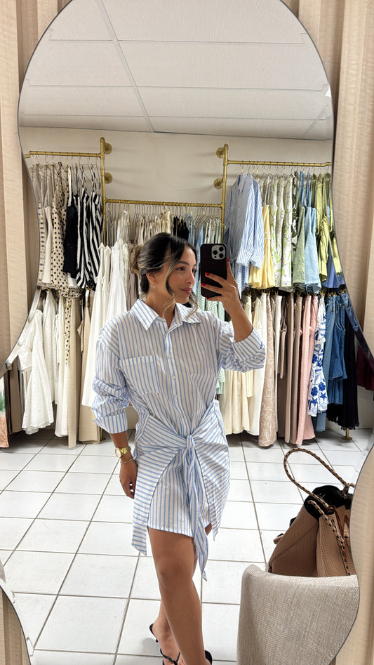 Striped Front Wrap Shirt Dress