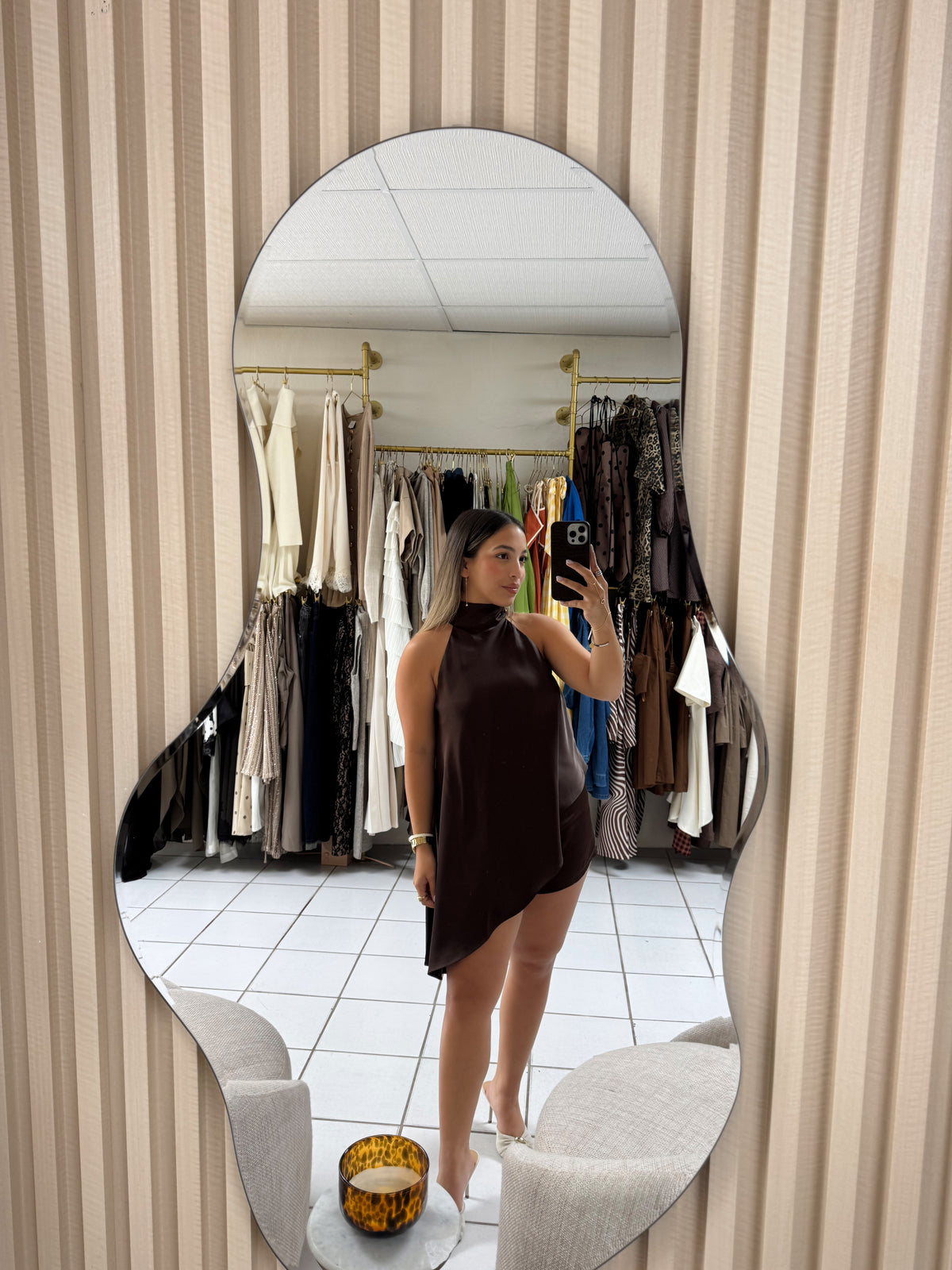 Brown Satin Asymmetrical Halter Set