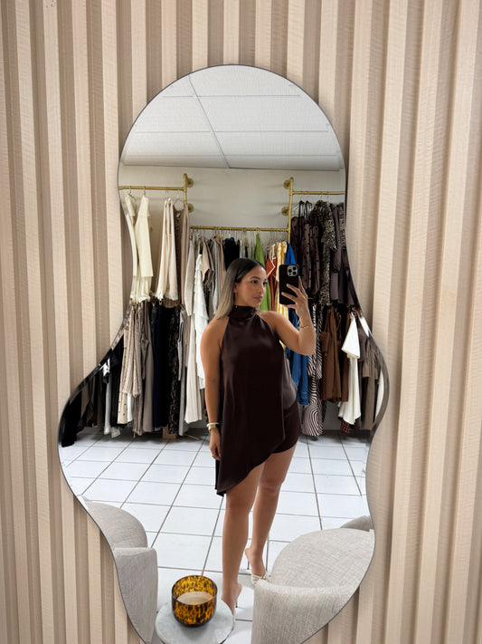 Brown Satin Asymmetrical Halter Set