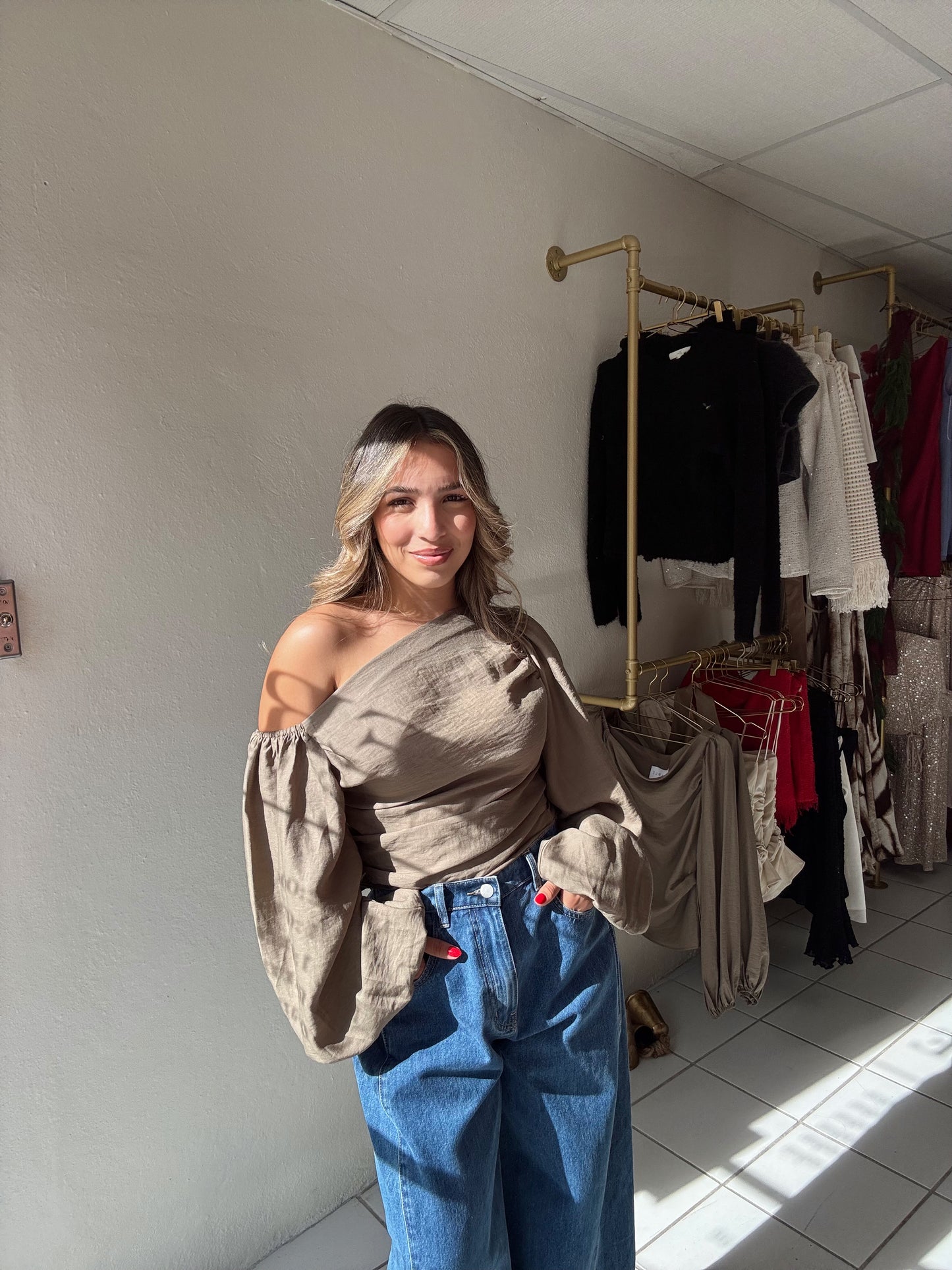 One Shoulder Olive Top