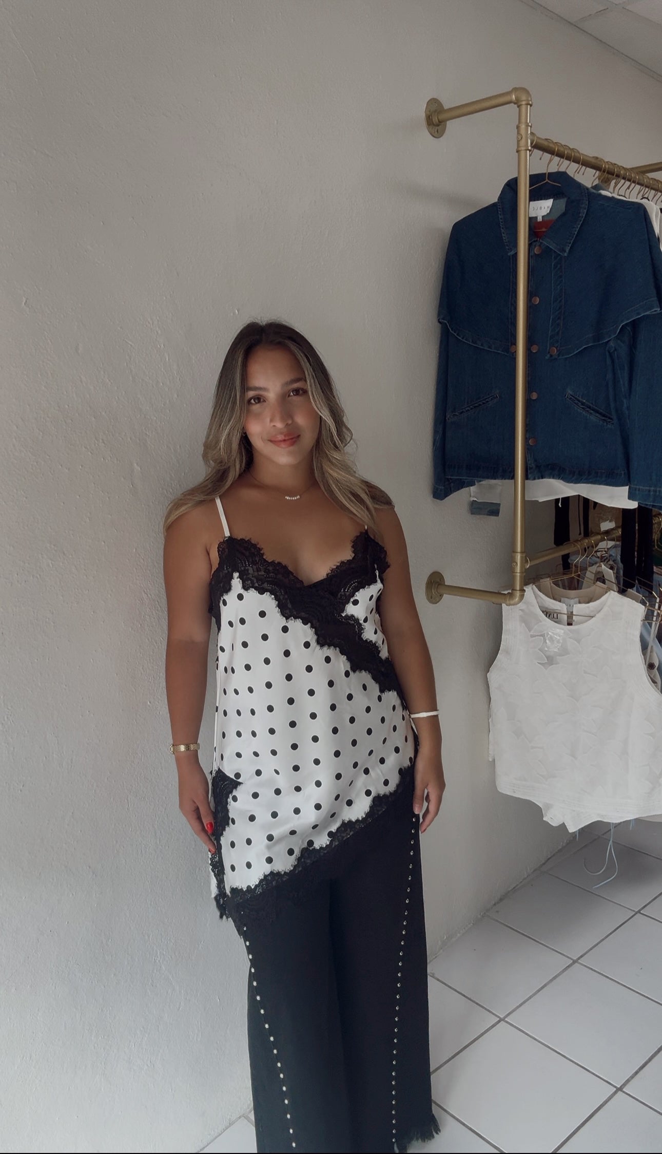 Polka Dot Lace Trim Cami Top