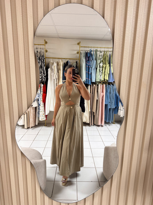 Button Front Halter Olive Dress