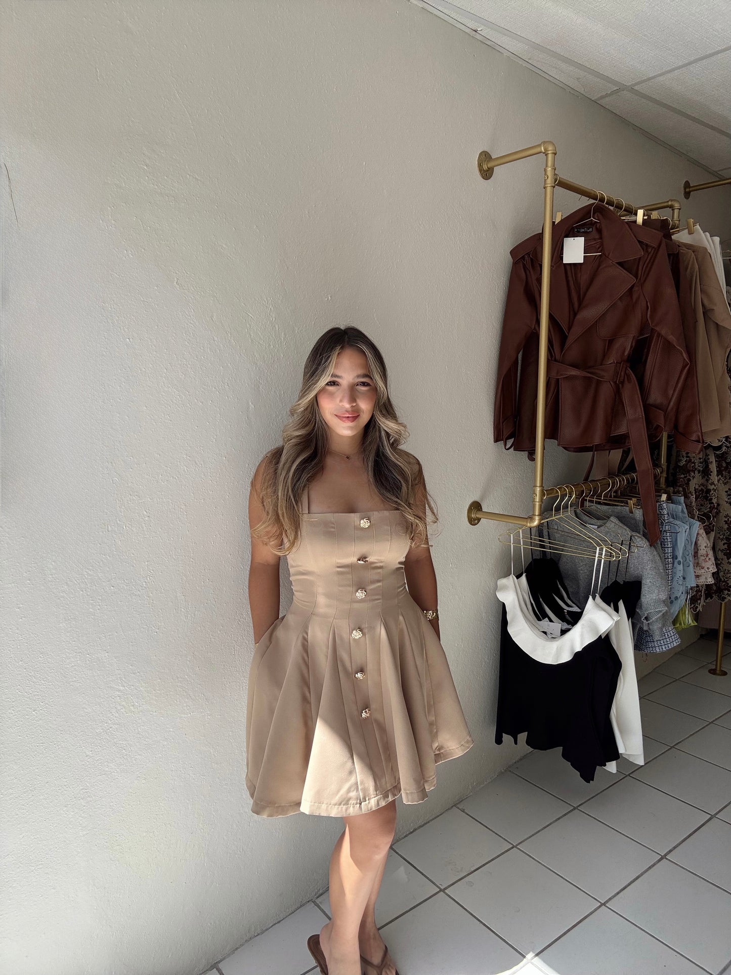Rose Button Tan Mini Dress