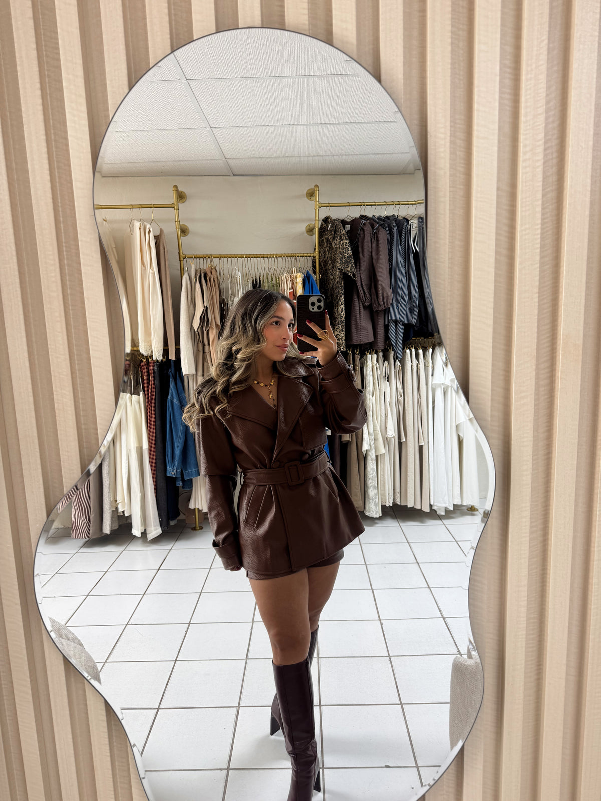 Brown Faux Leather Belted Set