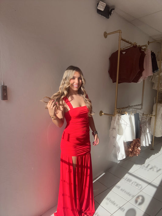 Red Ruched Maxi Dress