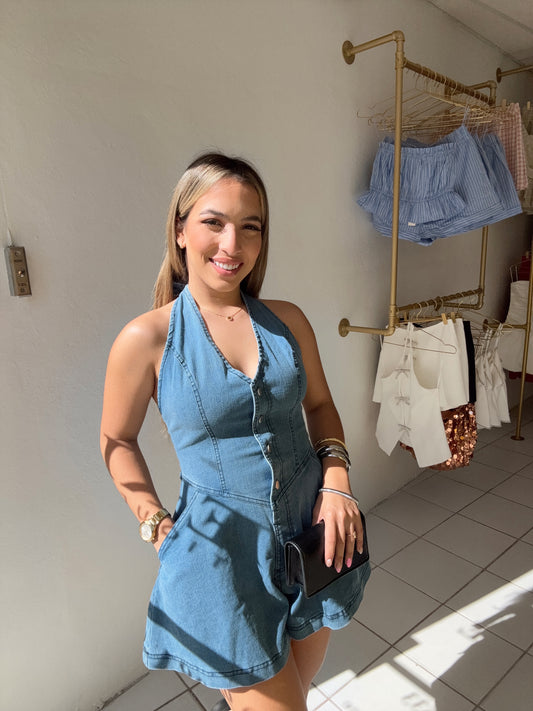 Halter Neck Denim Romper