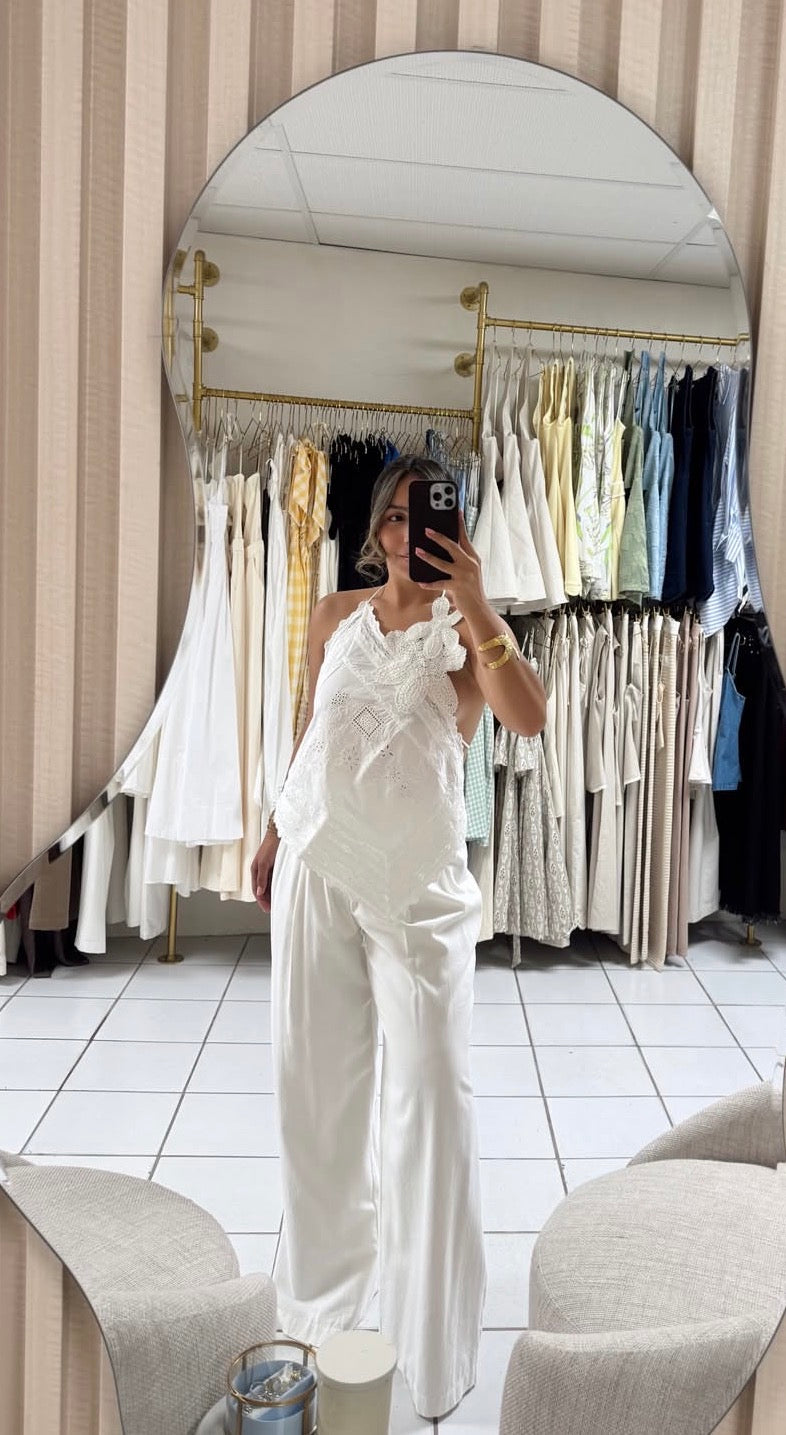 Woven Embroidery Eyelet Top White