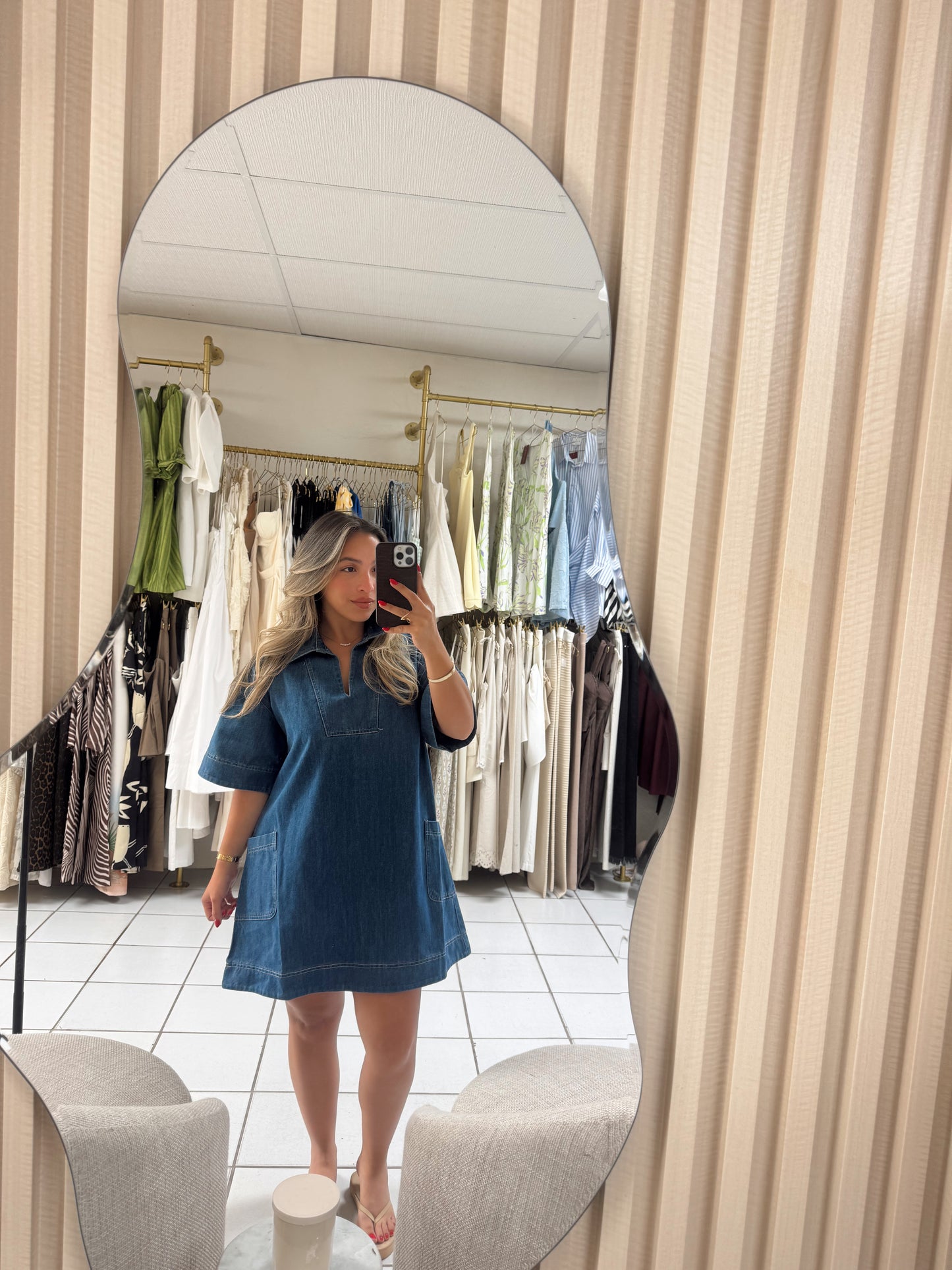 Denim Collar Side Pockets Mini Dress